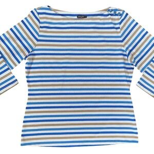 J.McLaughlin Wavesong Catalina Striped Boat Neck 3/4 Sleeve Top  Size L Blue Tan